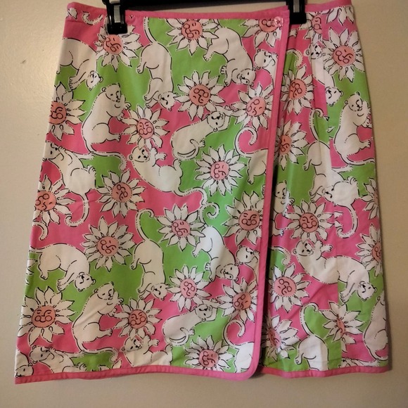 Lilly Pulitzer Pink & Green Cat Sun & Butterfly Reversible Skirt 12RARE